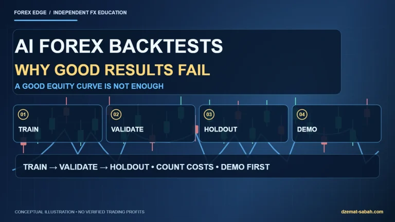 Forex AI backtesting infographic showing time-ordered training, validation, untouched holdout data, demo testing and realistic costs