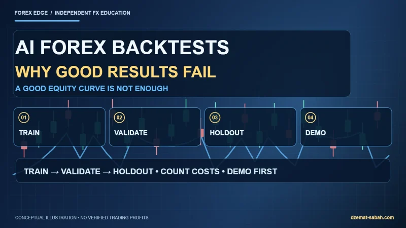 Forex AI backtesting infographic showing time-ordered training, validation, untouched holdout data, demo testing and realistic costs