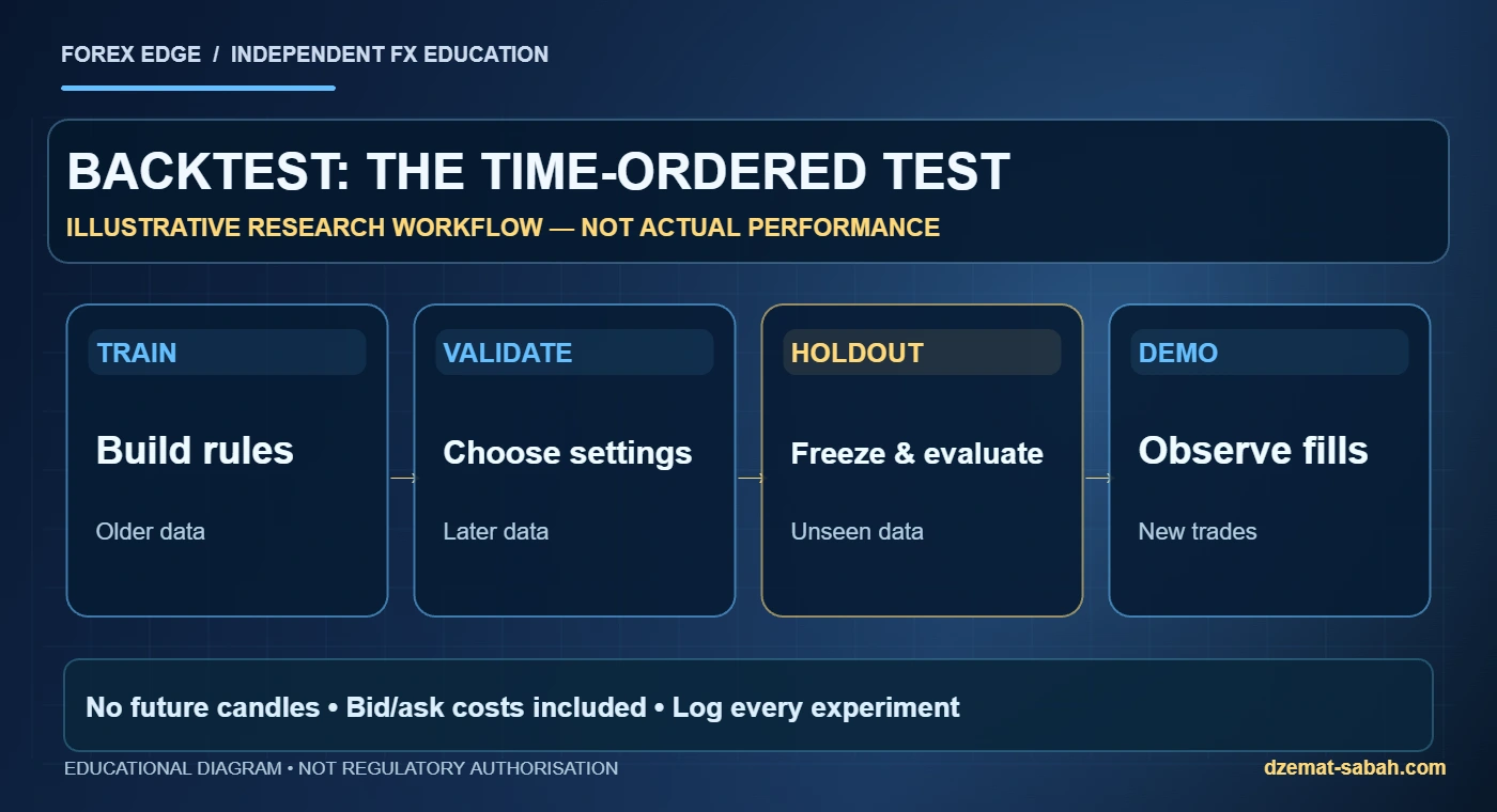 Illustrated workflow: BACKTEST: THE TIME-ORDERED TEST. ILLUSTRATIVE RESEARCH WORKFLOW — NOT ACTUAL PERFORMANCE
