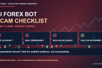 Warning infographic about AI forex trading bot scams with clear due diligence checklist for track records, drawdown, broker licensing and withdrawals