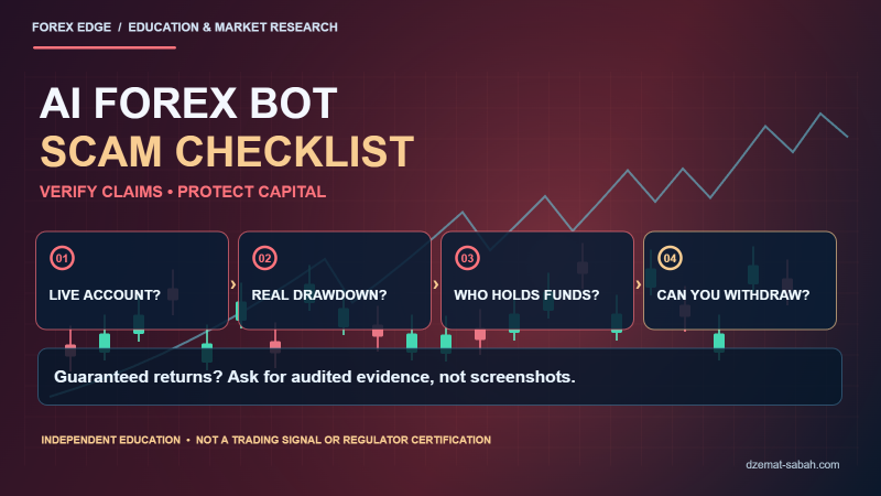 Warning infographic about AI forex trading bot scams with clear due diligence checklist for track records, drawdown, broker licensing and withdrawals