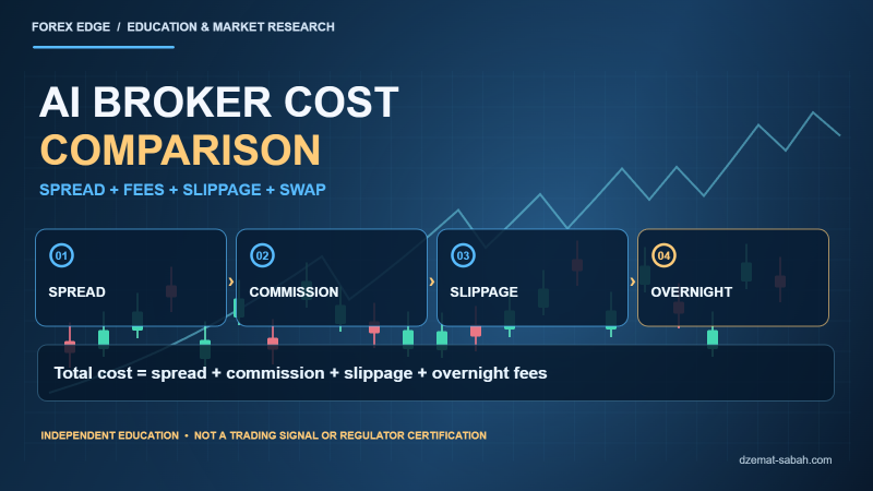 Infographic for AI forex broker cost comparison showing spread, commission, slippage and swap components with example trader calculations