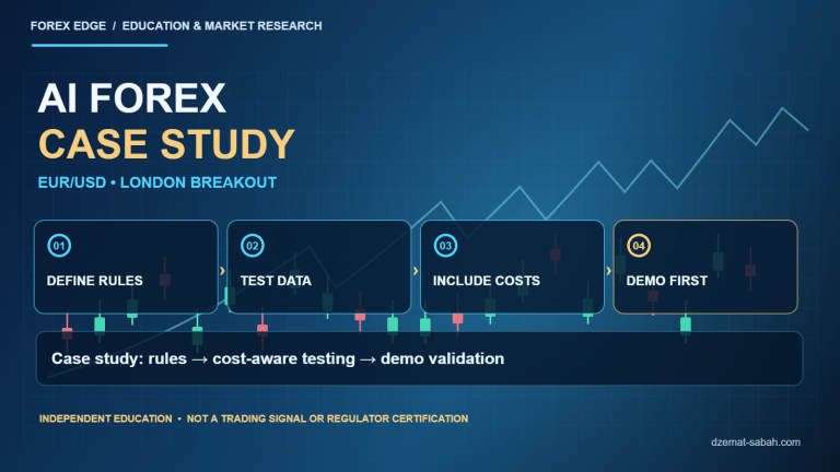 AI forex strategy infographic showing London EUR/USD breakout rules, out-of-sample backtesting, transaction costs and demo verification