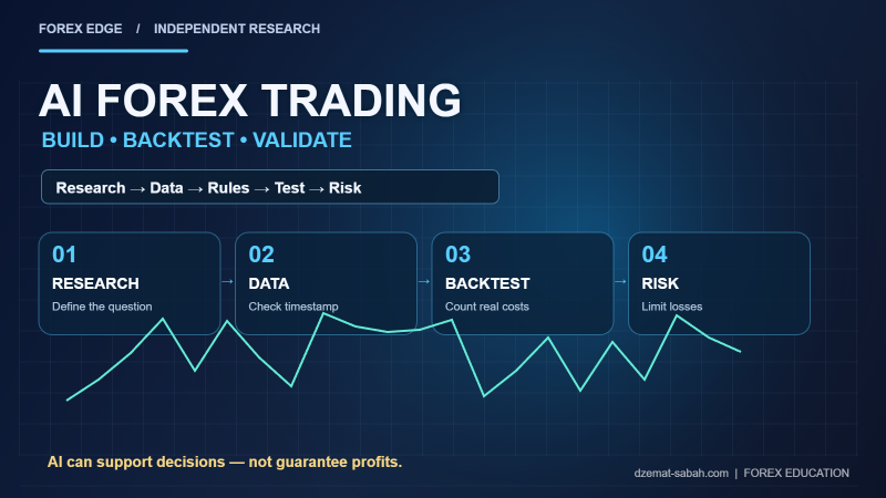 AI forex research workflow with backtesting and risk-check infographic