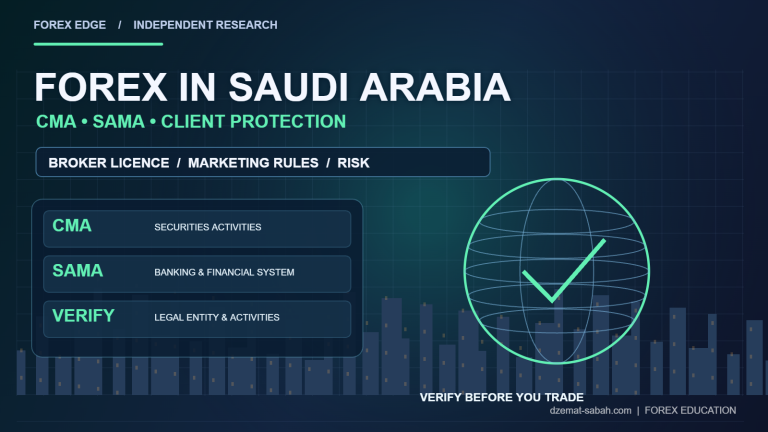 Saudi Arabia forex regulatory awareness infographic: CMA SAMA broker verification and trading risks
