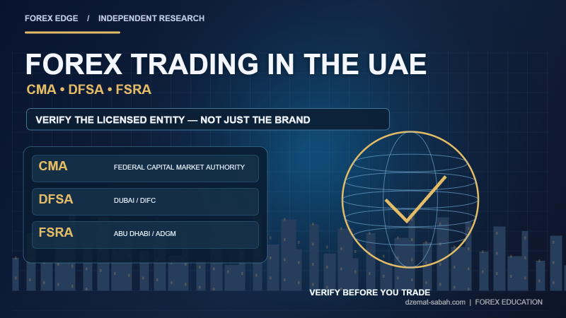 UAE forex regulation infographic showing federal CMA DFSA DIFC and FSRA ADGM verification steps